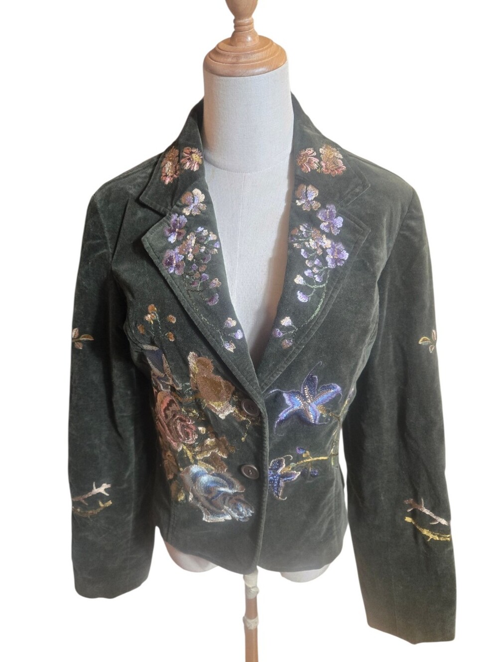 Embroidered Dark Green Velvet Indie Boho Blazer Jacket